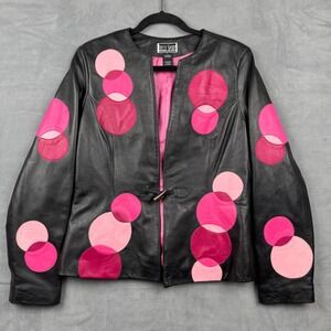 Bettye Muller Black Leather Jacket with Pink Circle Appliqués